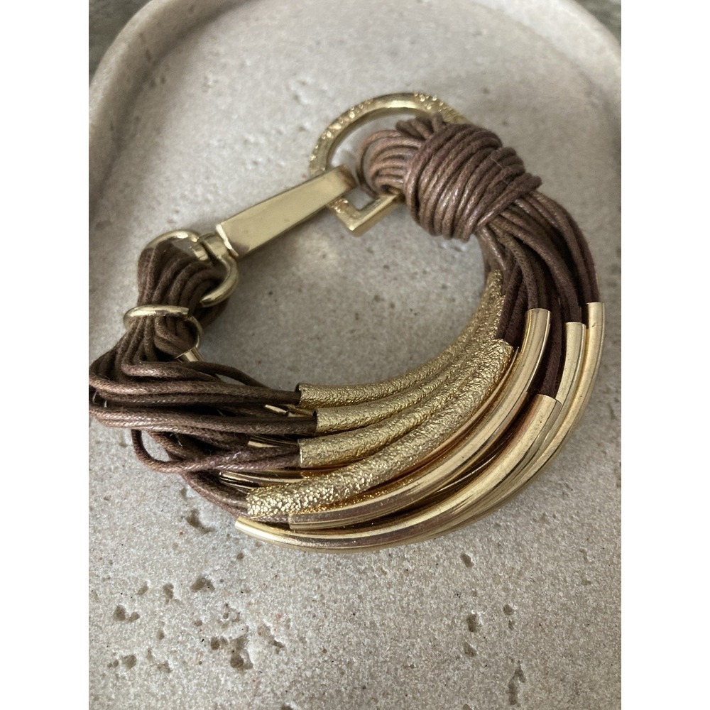 Saachi Multi Strand Bracelet Brown Cord Gold Tone Statement Toggle Chunky